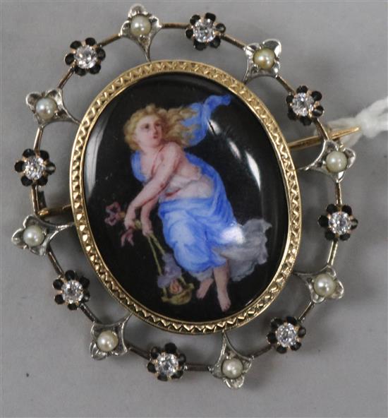 A gold and silver, diamond and split pearl set oval enamel brooch, 39mm.